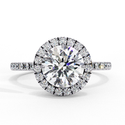 round cut lab grown diamond engagement ring with pave halo